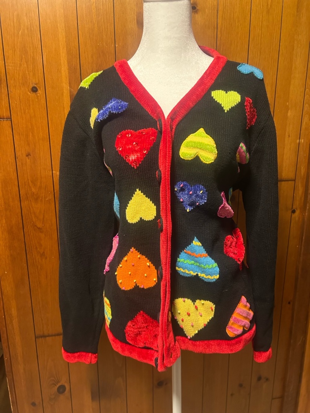 Vintage 90s Black Heart Cardigan Colorful Embroidered Grannycore Cottagecore